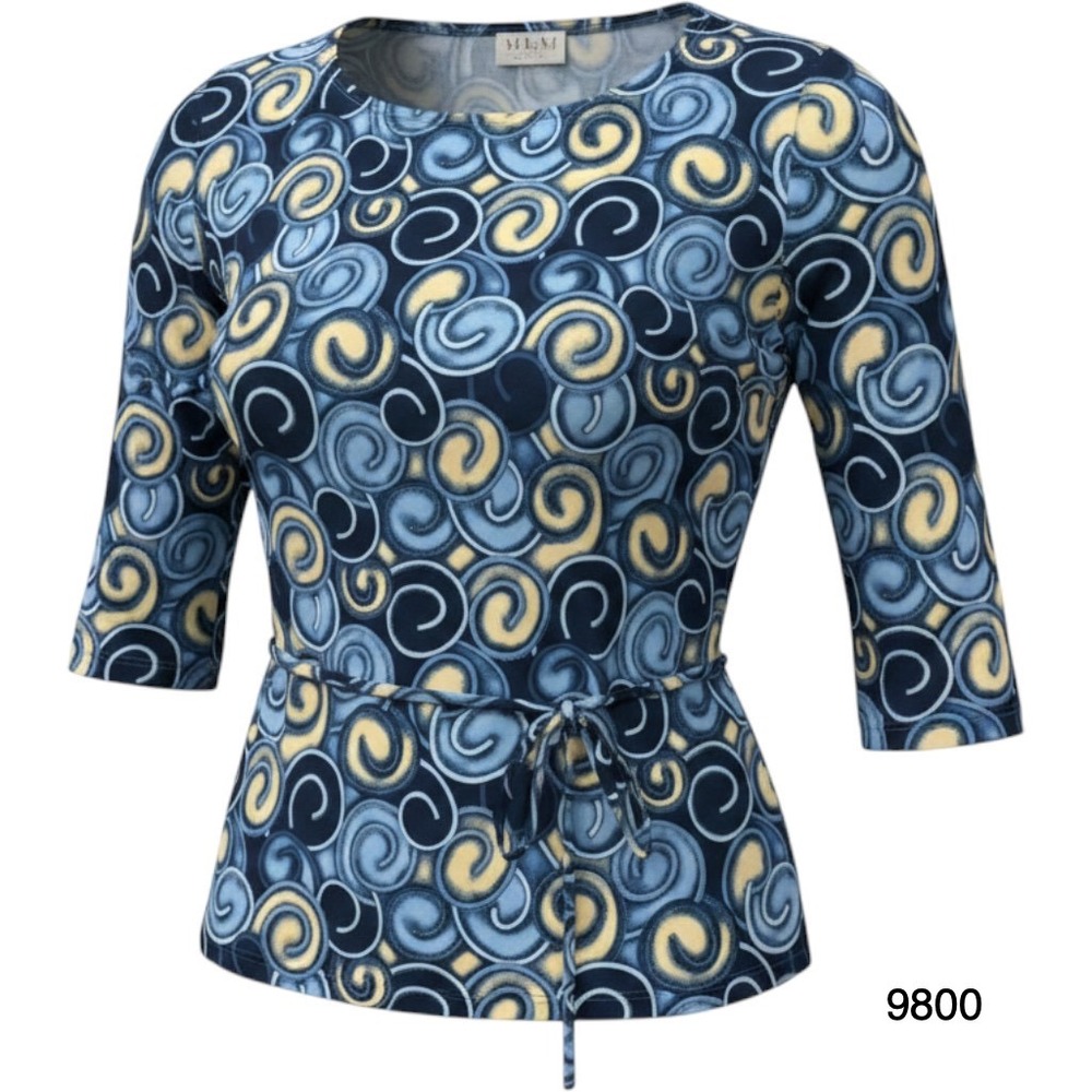 MKM Designs Blouse Top Womens XL Blue Beige Swirl Pattern Tie Waist 3/4 Sleeve